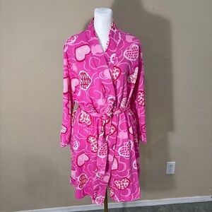 Pajamagram Hers Pink Red Heart Robe Waist Tie Pockets Long Sleeve Sz S/M Cozy